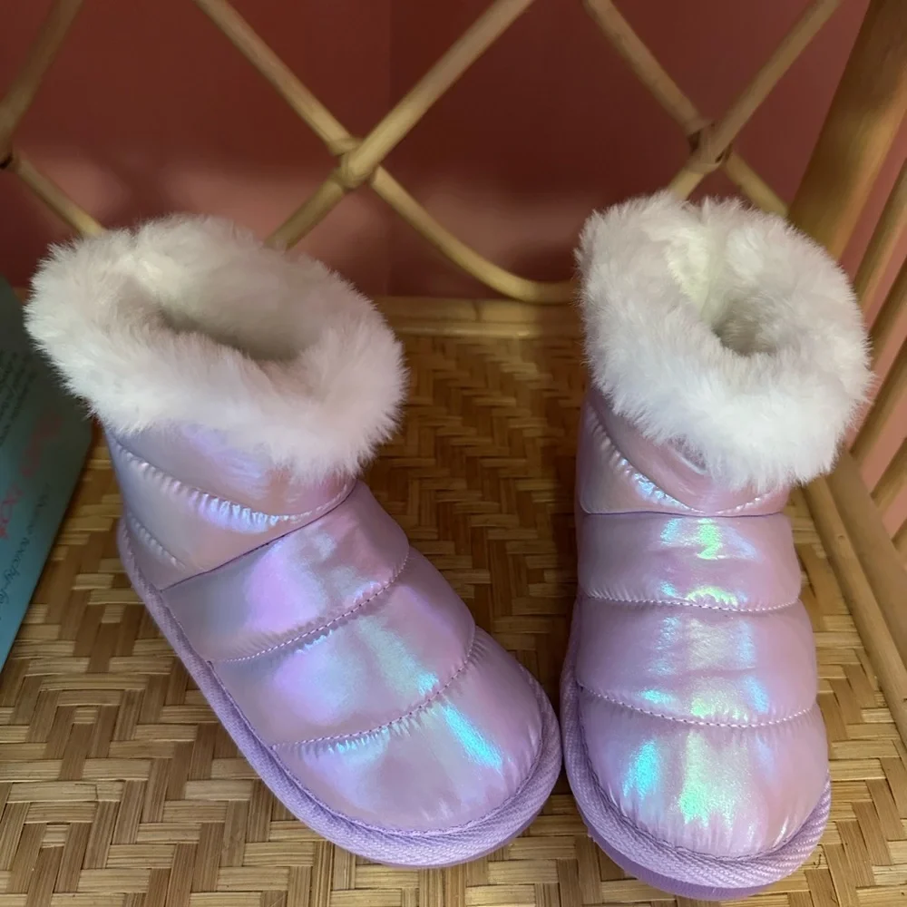 Iridescent Faux-Fur Lined Kids Booties